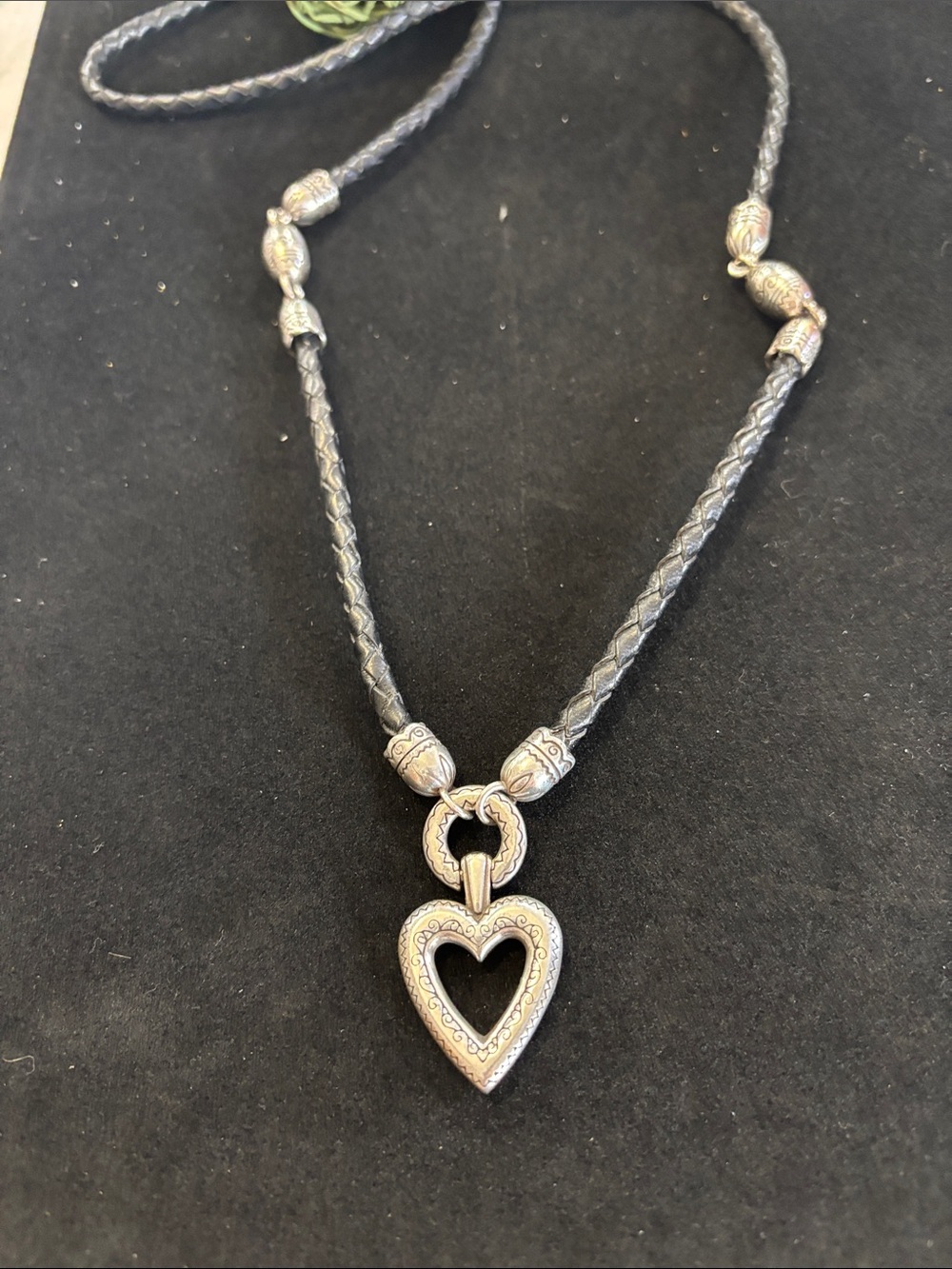 Braided Black Leather Necklace with Silver Heart Pendant